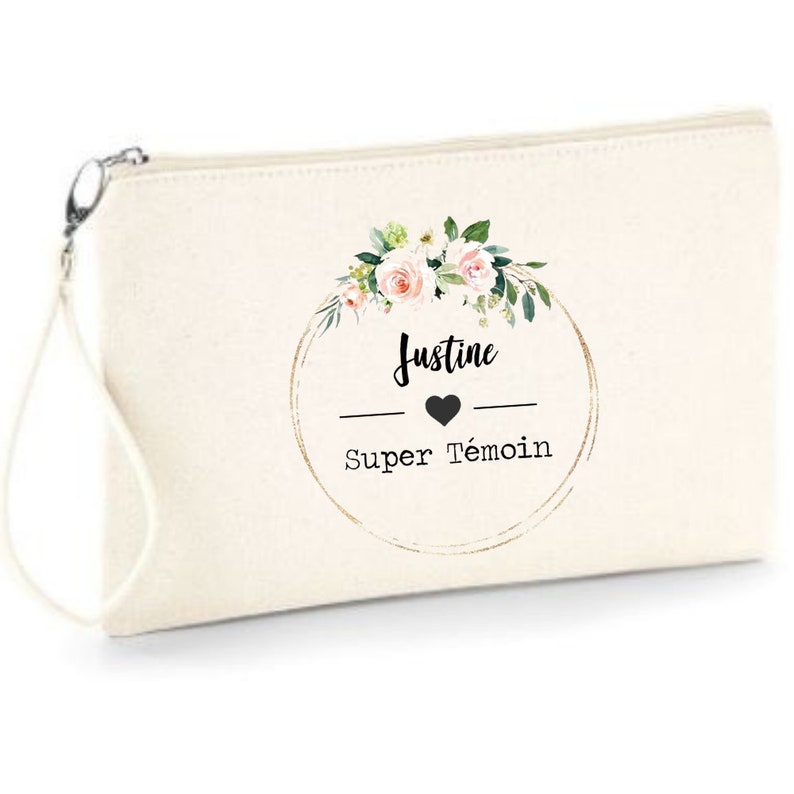 Pochette personnalisée zippee en coton Super Témoin à offrir à ses témoins, personnalisable au prénom de votre choix EVJF mariage image 1