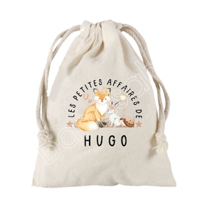 Grande Pochette "Les petites affaires de " à liens coulissants personnalisée au prénom de  votre choix 100 % coton 25X30 cm