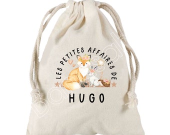 Large "Les petites affaires de" pouch with sliding ties personalized with the first name of your choice 100% cotton 25X30 cm