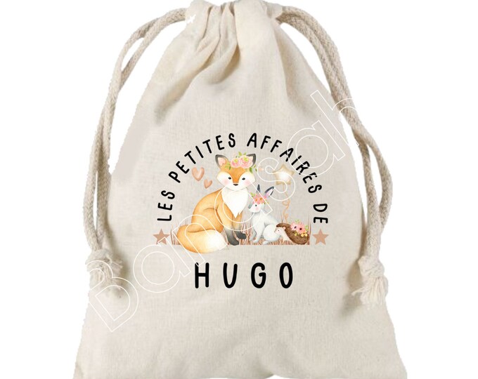 Large "Les petites affaires de" pouch with sliding ties personalized with the first name of your choice 100% cotton 25X30 cm