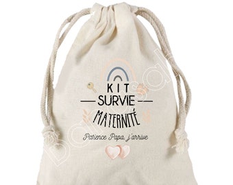 Grande Pochette à liens coulissants "Kit de Survie pour la maternité"  100 % coton ! Futur Papa, Future Maman, Baby Shower, cadeau naissance