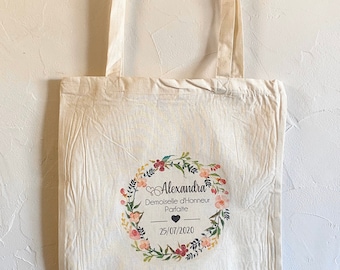 Tote Bag in custom cotton for Demoiselle d'Honneur with first name, date of your choice!  Gift Witness country wedding boho
