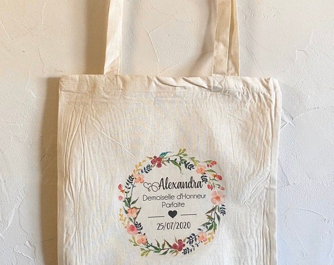 Tote Bag in custom cotton for Demoiselle d'Honneur with first name, date of your choice!  Gift Witness country wedding boho