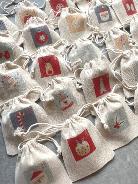 Calendrier de L'avent Éternel, 24 Pochons, en Tissu Coton Aspect Brut Traditionnel & Magique Compte