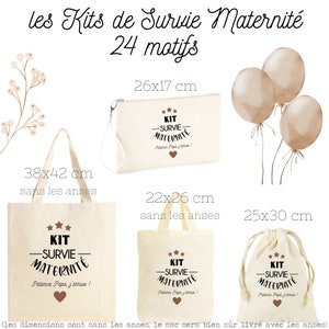 Kit de Survie pour la maternité, Tote , Pochette zippée , sac ou pochon 100% coton Futur Papa, Future Maman, Baby Shower, cadeau naissance image 1