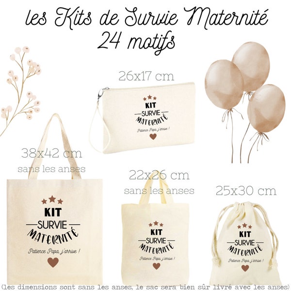 Kit de Survie pour la maternité, Tote , Pochette zippée , sac ou pochon 100% coton ! Futur Papa, Future Maman, Baby Shower, cadeau naissance