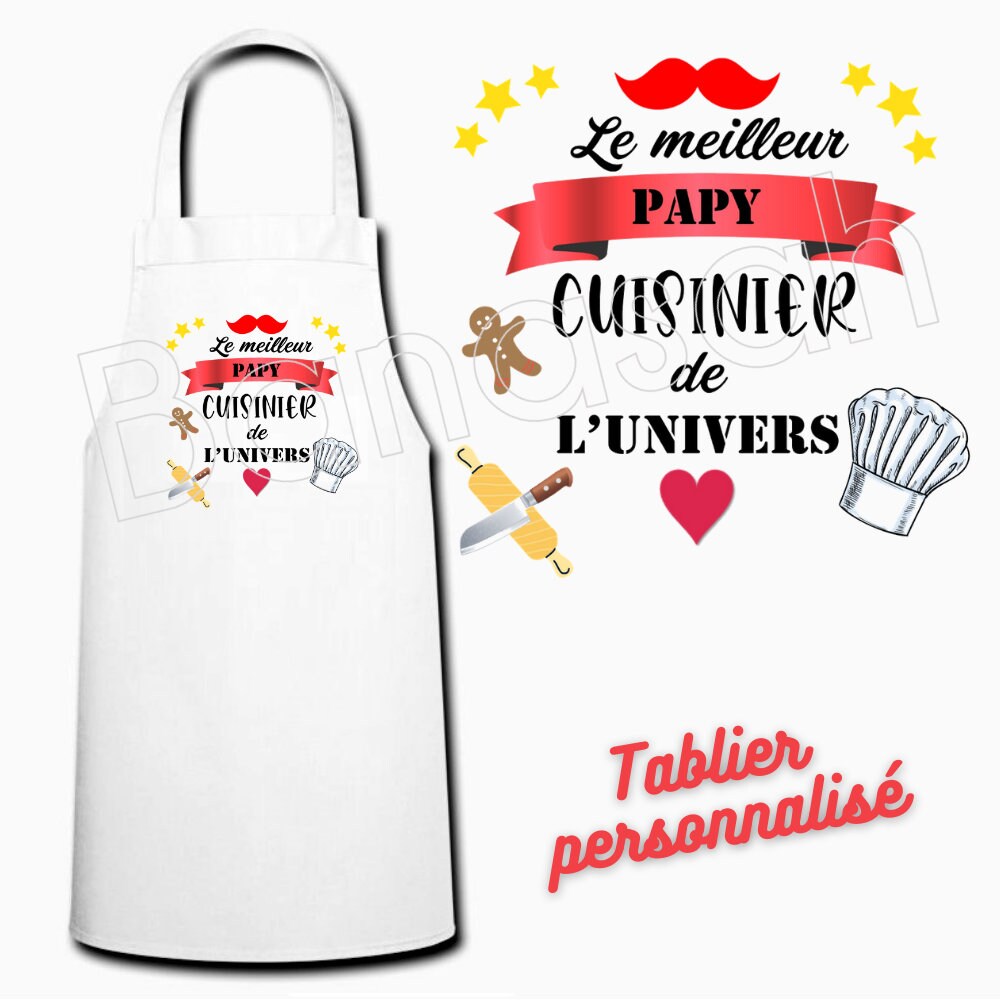 Tablier de Cuisine Personnalisable Blanc, Idée Cadeau Homme, Masculin, Parrain, Papa, Tonton, Papy, 