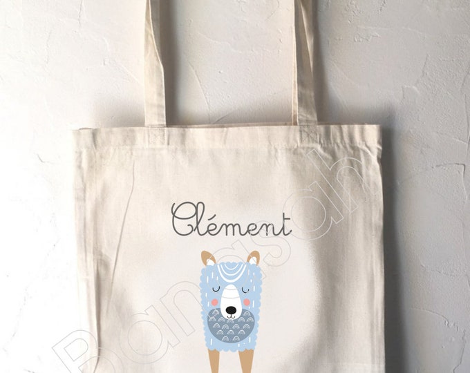 Tote Bag for Children "First Name" to customize, canvas bag in ecru cotton, canvas, customizable gift, practical, cute, animals