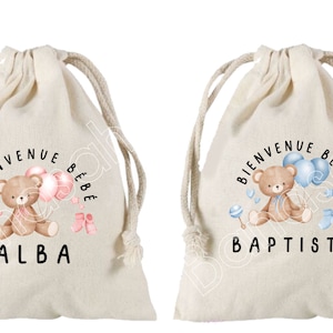 Grande Pochette à liens coulissants " Bienvenue bébé " Cadeau de Naissance, maternité, personnalisé au prénom du bébé  25x30 cm
