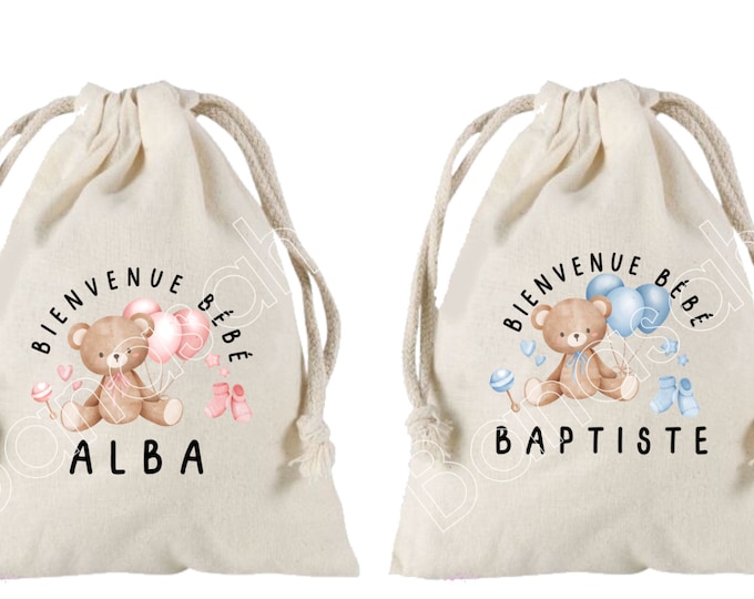 Large pouch with sliding ties "Welcome baby" Birth gift, maternity, personalized with the baby's first name 25x30 cm