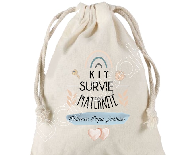 Large Pouch with sliding links "Survival Kit for maternity" 100% cotton! Future Dad, Future Mom, Baby Shower, birth gift