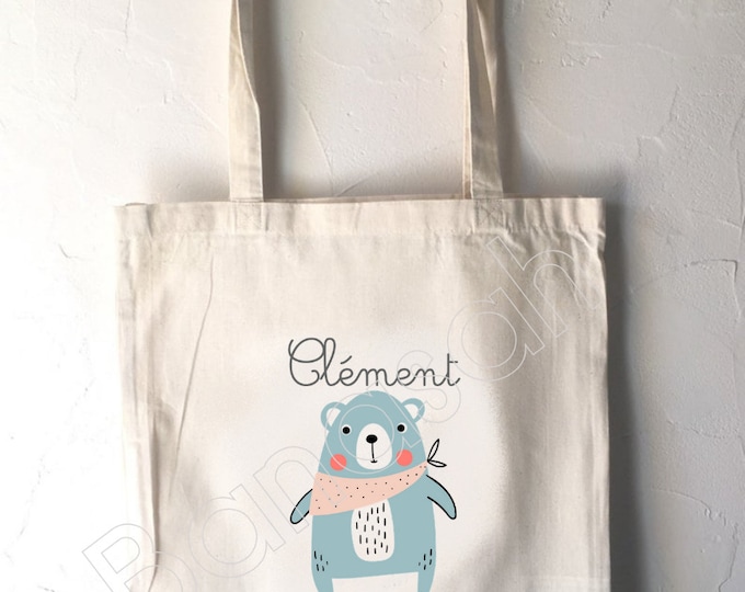 Tote Bag for Children "First Name" to customize, canvas bag in ecru cotton, canvas, customizable gift, practical, cute, animals