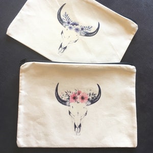 Skull & Bohemian Pink Flowers Zippered Pouch! .... French handmade