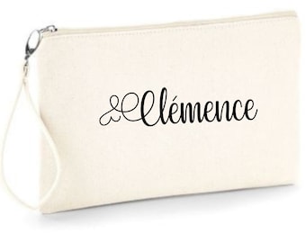 Ecru cotton zipped pouch to personalize with the first name of your choice! Fast delivery, ideal as a Christmas, birthday, party gift