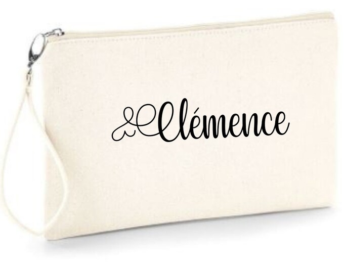 Ecru cotton zipped pouch to personalize with the first name of your choice! Fast delivery, ideal as a Christmas, birthday, party gift