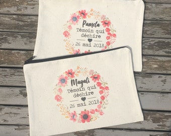 Personalized cotton zipped pouch for witness gift with first name, date of your choice! handmade wedding EVJF wedding witness