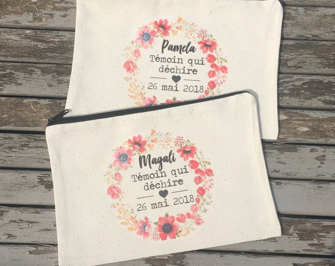 Personalized cotton zipped pouch for witness gift with first name, date of your choice! handmade wedding EVJF wedding witness