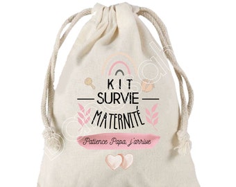 Grande Pochette à liens coulissants "Kit de Survie pour la maternité"  100 % coton ! Futur Papa, Future Maman, Baby Shower, cadeau naissance