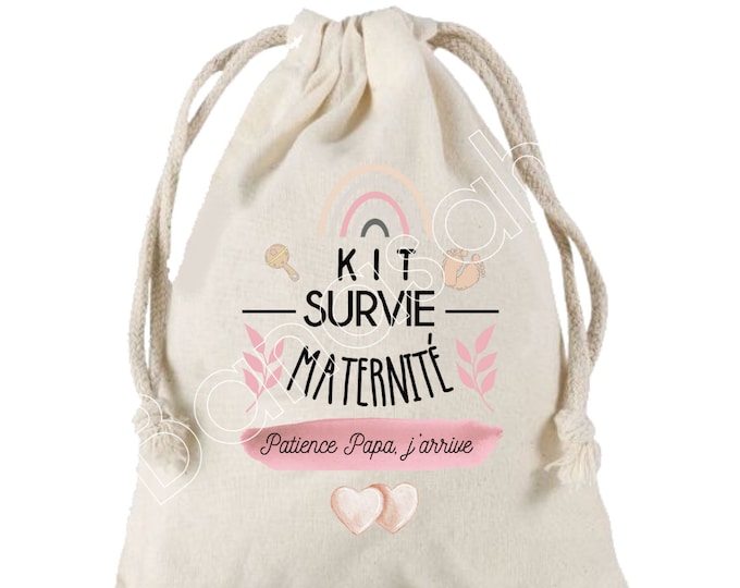 Large Pouch with sliding links "Survival Kit for maternity" 100% cotton! Future Dad, Future Mom, Baby Shower, birth gift