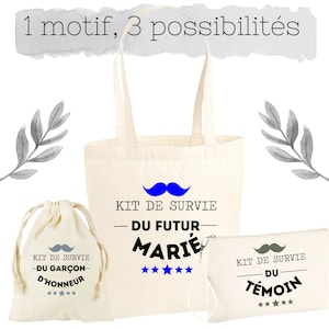Kit de Survie pour le Futur Marié, Tote , Pochette zippée ou pochon 100% coton ! Futur Marié, Témoin ou Garçon d'Honneur , mariage, cadeau
