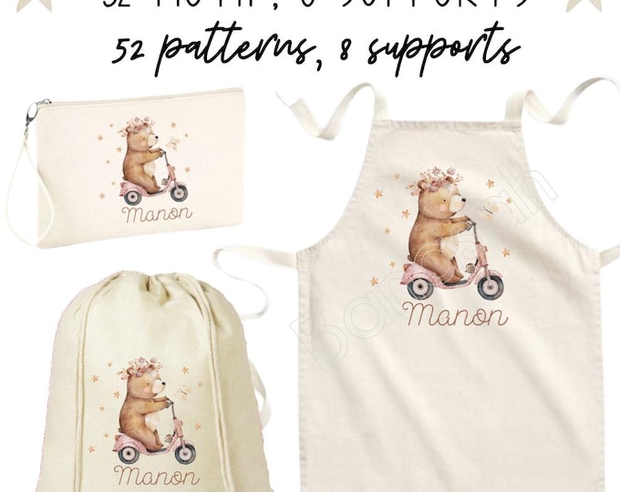 Personalized children's bags, tote bags, drawstring bags, pouches, kitchen aprons! 52 designs, cuddly toy bags, spare clothes bags, nursery bags, for girls and boys