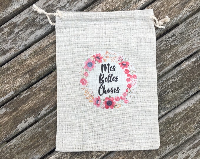 Personalized pouch with DrawString cotton "My beautiful things"