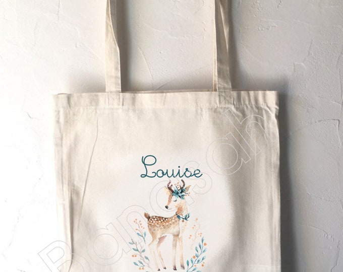 Tote Bag for Child "First Name" to personalize, canvas bag in unbleached cotton, canvas, customizable gift, practical, cute, animals