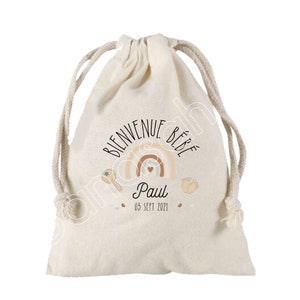 Cadeau de Naissance, maternité, personnalisé au prénom du bébé et date de naissance, Grande Pochette à liens coulissants, 25x30 cm