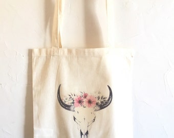 Tote Bag Crâne & Fleurs roses Bohèmes ! .... french handmade