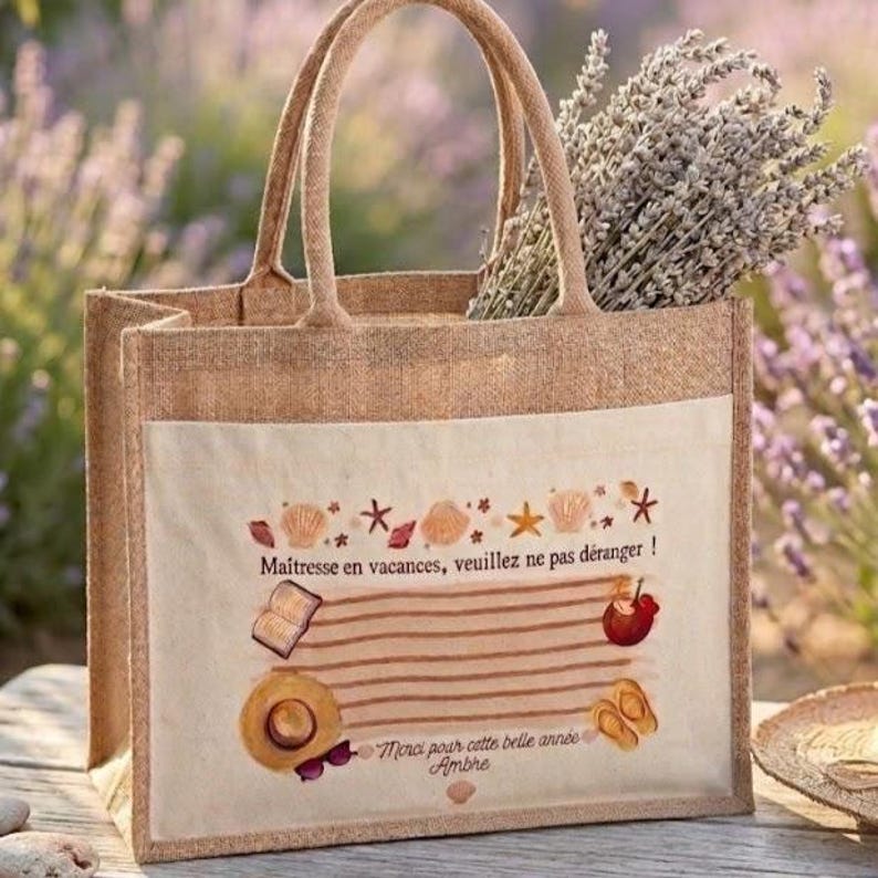 Puede incluir: Un bolso tote beige con un bolsillo delantero blanco con un dise&ntilde;o de tem&aacute;tica playera y texto. El bolso tiene asas marrones y est&aacute; lleno de lavanda. El texto dice "Ma&icirc;tresse en vacances, veuillez ne pas d&eacute;ranger!" y "Merci pour cette belle ann&eacute;e Ambre".