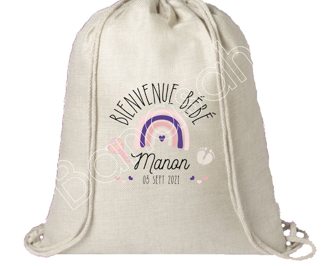 Cotton backpack, Birth Gift, maternity, personalized to the baby's name and date of birth. Ideal for storing Doudou, etc.