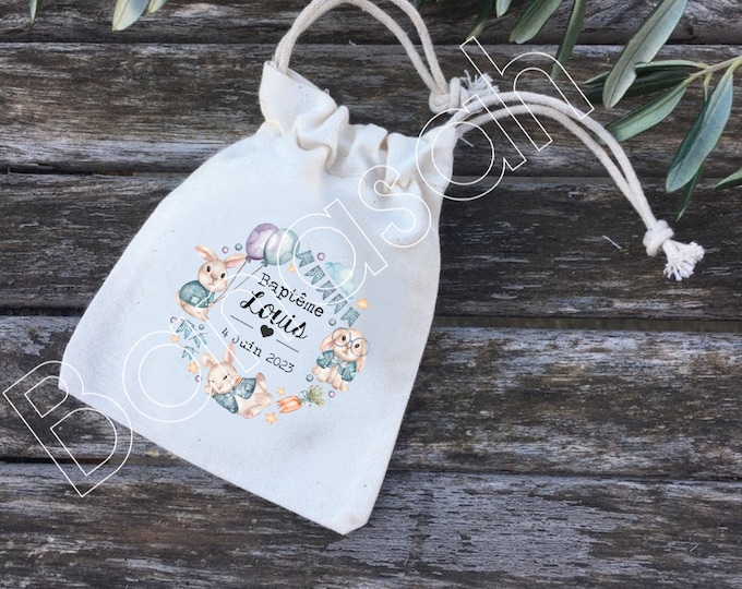 Bags, or personalized cotton gifts for Baptism, Communion, Birthday with first names, date of your choice! Guest gifts