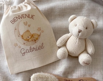 Personalized wooden baby brush and/or welcome pouch – Unique baby gift – Soft brush with engraved name