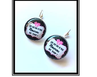 Earrings original & unique "I'm a nanny on Top" personalized, fun, humour, heart, bow, black, pink