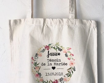 Tote Bag en coton personnalisé Cadeau   témoin , Demoiselle d'honneur au prénom , date de votre choix ! mariage EVJF Mariée