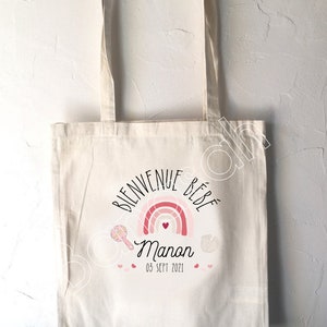 Tote Bag en coton, Cadeau de Naissance, maternité, personnalisé au prénom du bébé et date de naissance. Idéal pour ranger Doudou, etc
