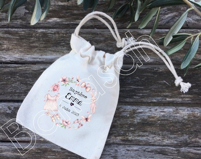 Bags, or personalized cotton gifts for Baptism, Communion, Birthday with first names, date of your choice! Guest gifts