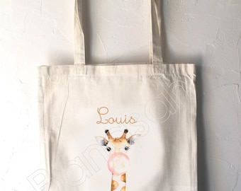 Tote Bag for Children "First Name" to customize, canvas bag in ecru cotton, canvas, customizable gift, practical, cute, animals