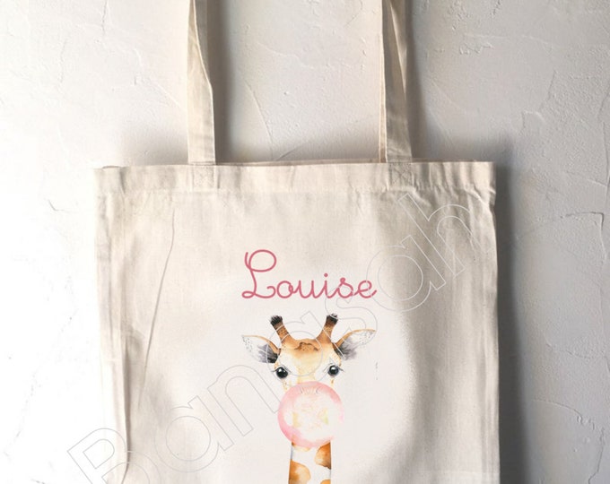 Tote Bag for Children "First Name" to customize, canvas bag in ecru cotton, canvas, customizable gift, practical, cute, animals