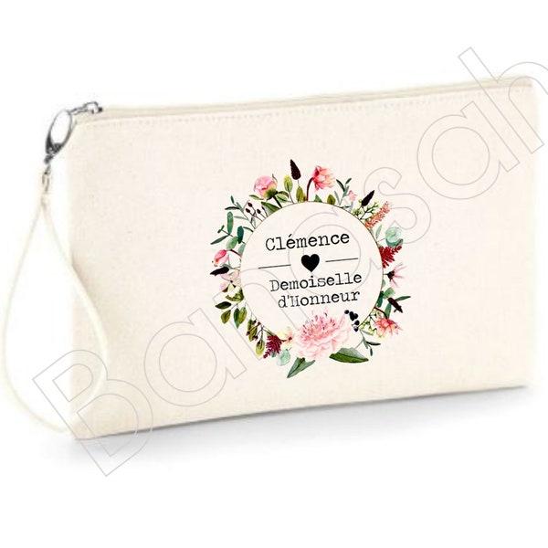 Pochette zippee en coton personnalisée pour cadeau Demoiselle d'honneur au prénom , date de votre choix !  mariage temoin