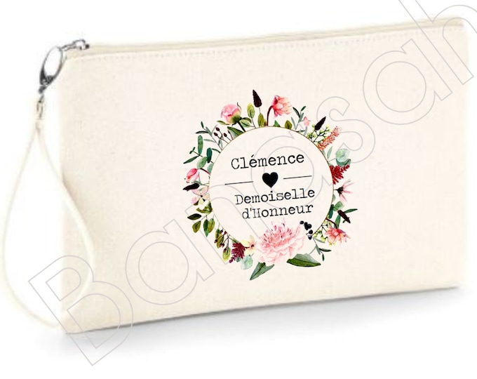 Personalized cotton zipped pouch for Bridesmaid gift with first name, date of your choice! witness marriage