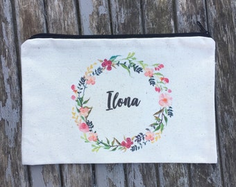 Zippered pouch personalized with the first name of your choice! Ecru cotton pouch, Fast shipping, Ideal as a gift