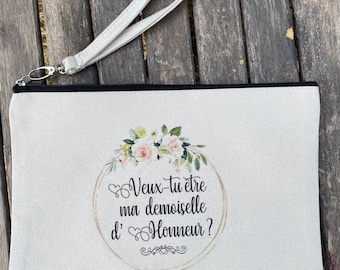 "Will you be my Bridesmaid?" zipped pouch in ecru cotton! Ideal as a gift from the bride and groom, wedding witness