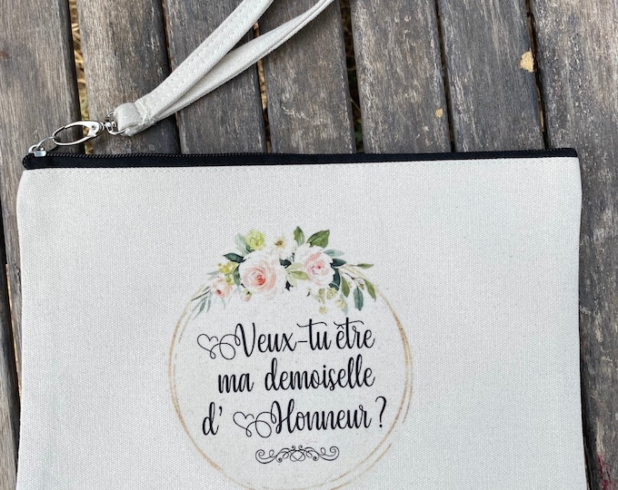 "Will you be my Bridesmaid?" zipped pouch in ecru cotton! Ideal as a gift from the bride and groom, wedding witness