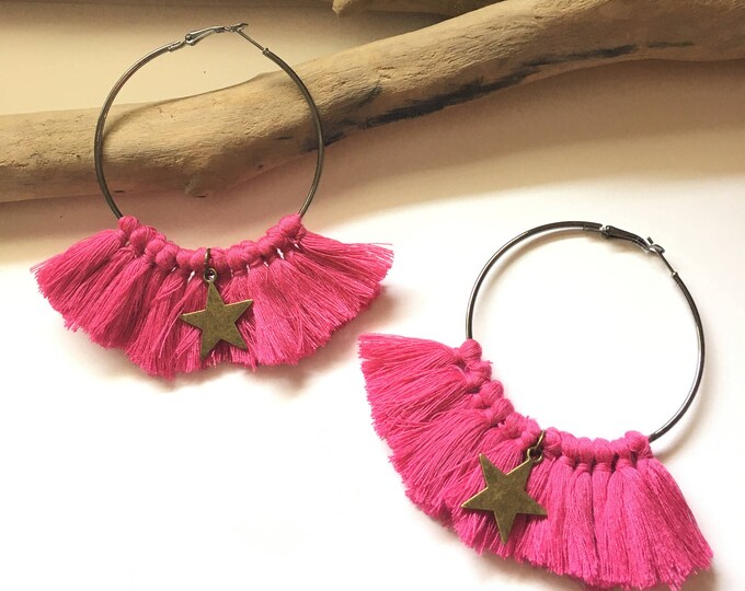 Elegant hoops & pink tassels! Large earrings, tassel pom pom pom pom earrings fancy Bohemian style