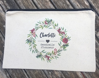 Personalized cotton zipped pouch for Bridesmaid gift with first name, date of your choice! witness marriage