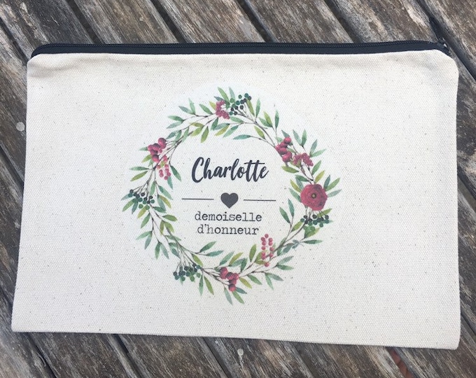 Personalized cotton zipped pouch for Bridesmaid gift with first name, date of your choice! witness marriage