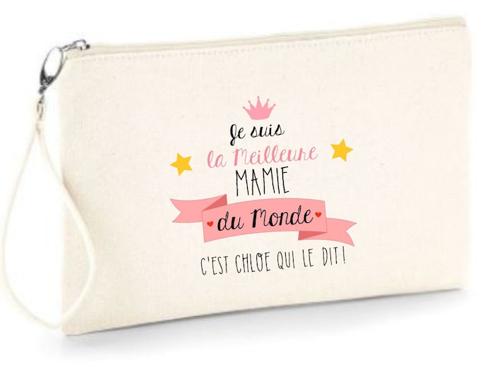 Personalized ecru cotton zipped pouch "I am the Best Godmother in the world..."! Fast shipping, also available for Grandma, Mom