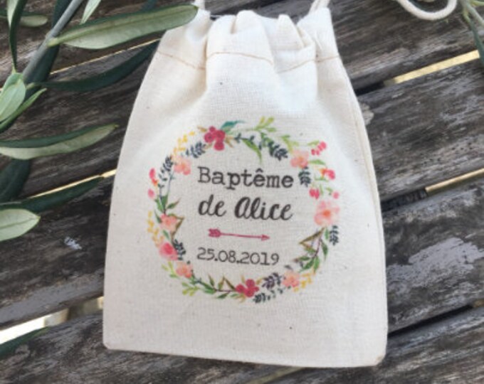 Personalized cotton dragee bags or gifts for Wedding or Baptism with first names, date of your choice! wedding guest gifts