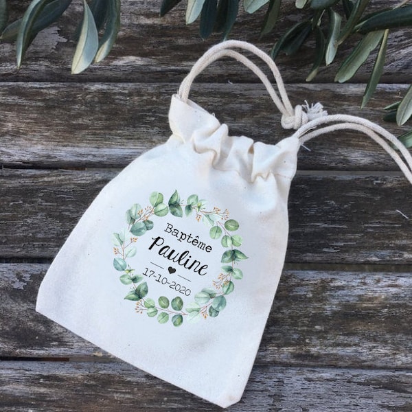 Pochons à dragées ou cadeaux en coton personnalisés pour Mariage ou Baptême aux prénoms, date de votre choix ! mariage cadeaux invités